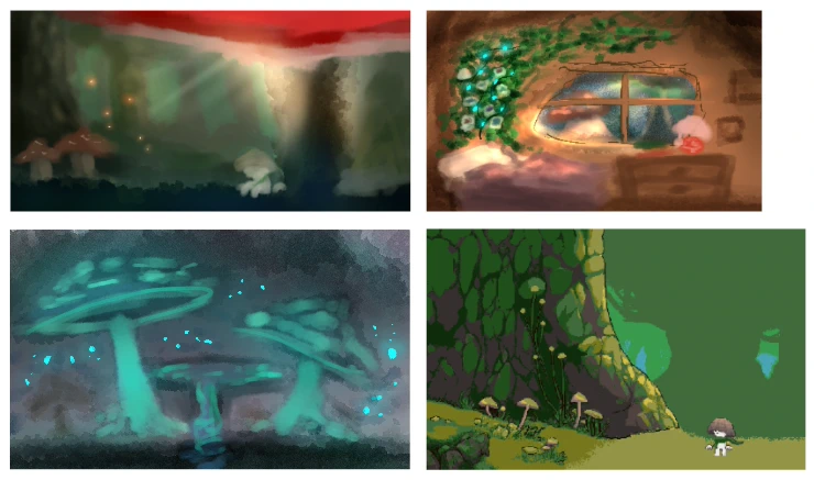 Color scripts and palette studies for the production backgrounds