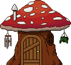one of the houses in the village, built inside of a tree stump