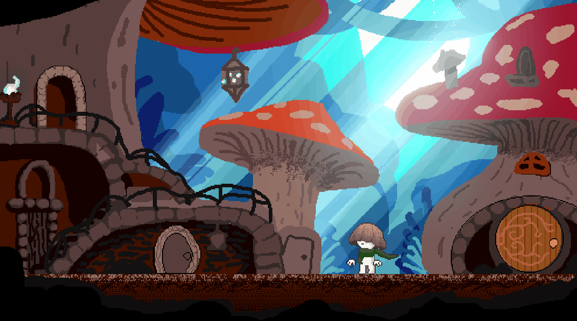 a colored background image with a godray shader and post-processing applied